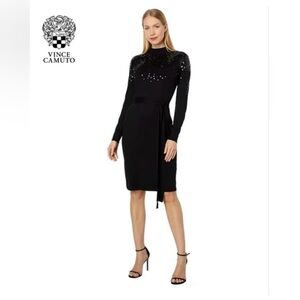 Vince Camuto Women’s L Black Mock Neck Sequin Belted Long Sleeve Sweater Dress